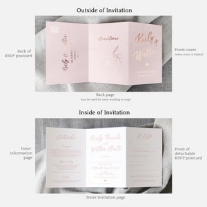 Rose Gold Floral Luxury Folding Wedding Invitations with tear-off RSVP postcard and Vellum wrap. Dusty Pink & foil wedding invites image 2