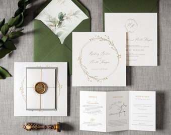Gold Wreath Wedding Invitations & Save the Date. Luxury wedding invites. Modern Wedding Invitations. Script wedding invitation.