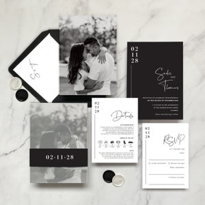 Wedding Invitation. Sadie Black & White Photo. Modern Monochrome Minimalist. Engagement, Details, RSVP, Vellum Wrap, Belly Band image 1