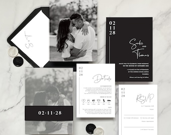 Wedding Invitation. Sadie Black & White Photo. Modern | Monochrome | Minimalist. Engagement, Details, RSVP, Vellum Wrap, Belly Band