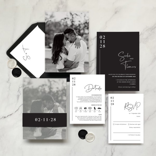 Wedding Invitation. Sadie Black & White Photo. Modern | Monochrome | Minimalist. Engagement, Details, RSVP, Vellum Wrap, Belly Band