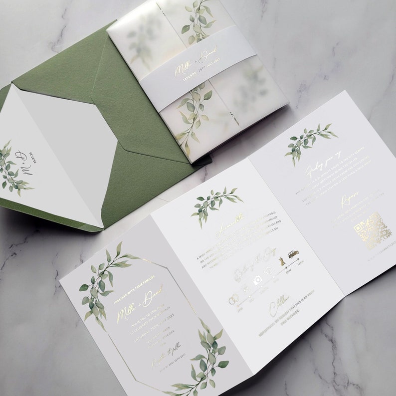 Wedding Invitation Foil & Greenery. Foliage wedding invites, Save the Date, bellyband, vellum image 1
