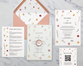 Elodie Wedding Invitation. Pressed flowers invitation set. Wildflower invitation. With velum wrap. On luxury textured card. Save the Date