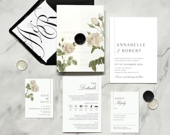 White Rose Floral Wedding Invitation Suite with Vellum Wrap (Monochrome Classic)