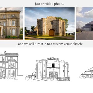 May include: A composite image featuring three color photographs of architectural venues at the top, with the text 'just provide a photo...' above them and '...and we will turn it in to a custom venue sketch!' below, followed by three black and white line art sketches.