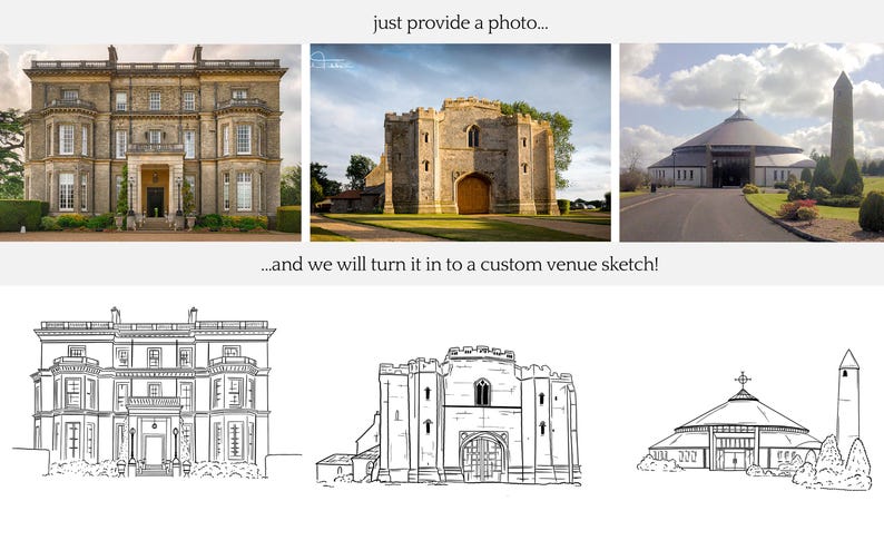 May include: A composite image featuring three color photographs of architectural venues at the top, with the text 'just provide a photo...' above them and '...and we will turn it in to a custom venue sketch!' below, followed by three black and white line art sketches.