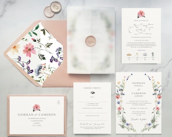 Faire-part de mariage Siobhan. Fleurs sauvages. Ensemble d'invitations florales. Avec velum. Sur une carte texturée de luxe