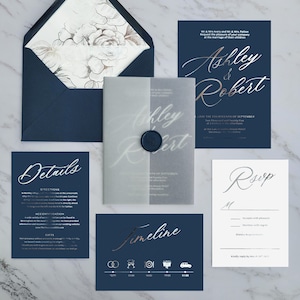 Invito per matrimonio Ashley Navy e Silver Foil. Carta Soft Touch, lamina oro, argento o oro rosa. Invito per matrimonio. Matrimonio Imperial Blue.