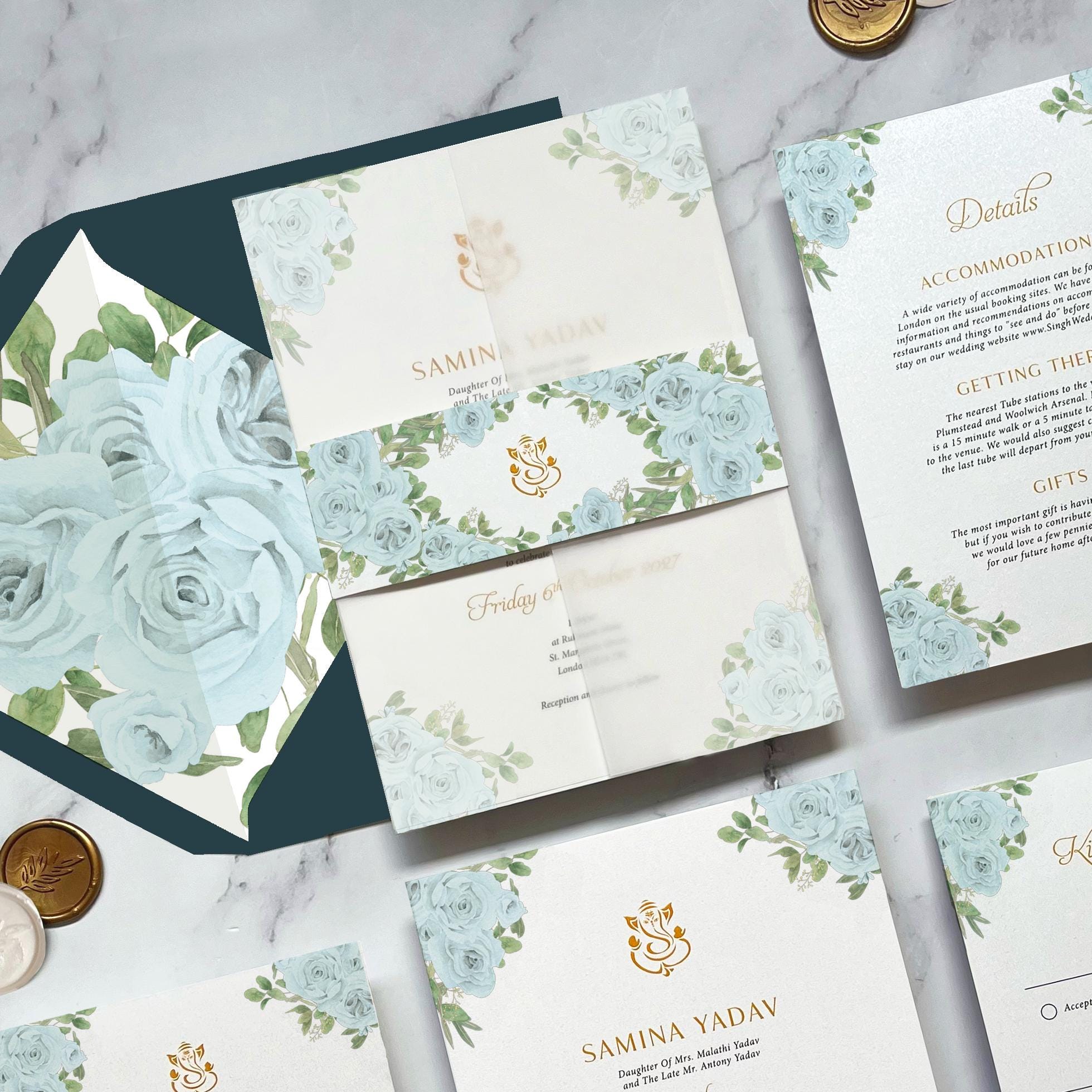Dusty Blue Floral Ganesh Invitation