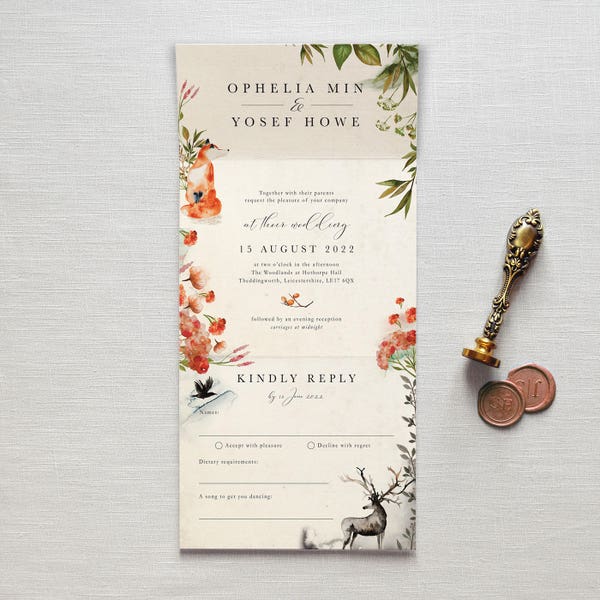 Invitación de boda rústica con temática de bosque: zorro, ciervo y elementos otoñales. Tema "Érase una vez".