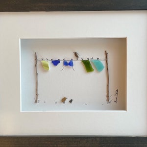 Pebble Art Bikini on Clothes Line and Birds Modern Wall Art Abstract Contemporary OOAK unique style.
