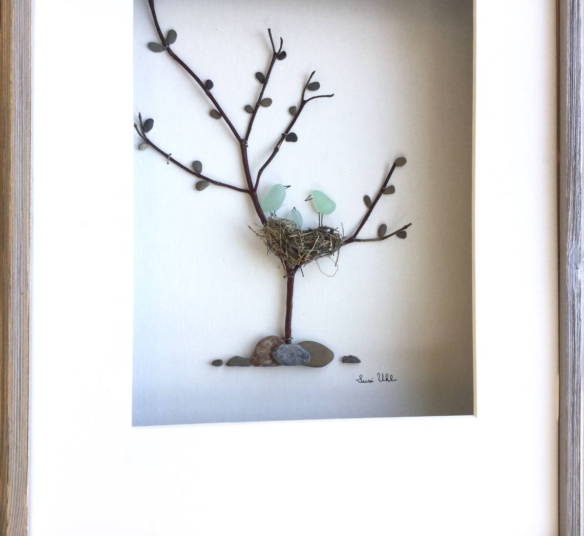 Genuine Sea Glass Bird Family Art Modern Wall Art Abstract Etsy