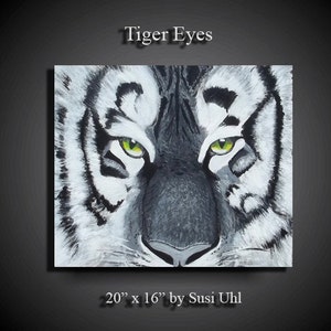 20&quot; x 16&quot; Original Painting  on Canvas Modern Wall Art Abstract Contemporary Tiger Eyes Black and White Signed.