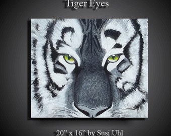 20" x 16" Original Painting  on Canvas Modern Wall Art Abstract Contemporary Tiger Eyes Black and White Signed.