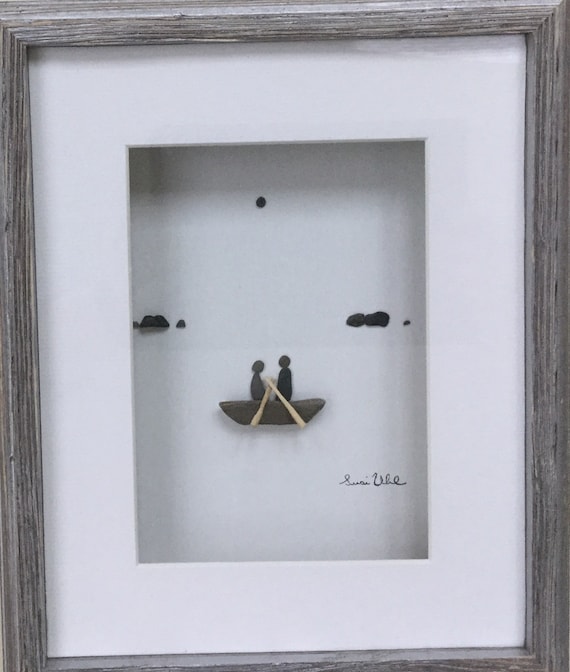 Pebble Art Couple In Canoe Art In A Shadow Box With Matting Etsy