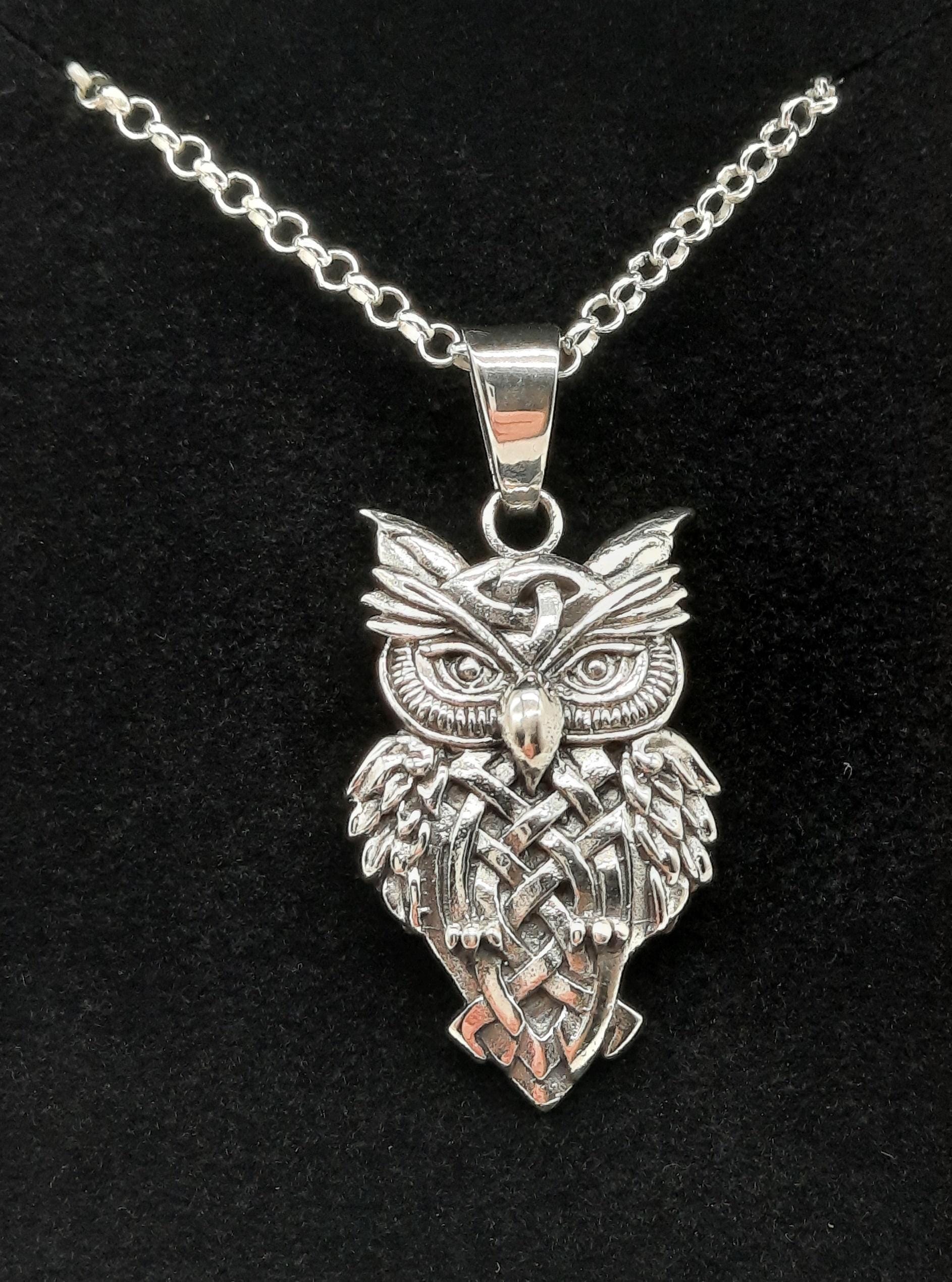 Celtic Knot Design Owl Pendant and Belcher Chain - Sterling Silver