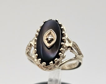 Vintage Black Onyx Diamond Ring in 10kt Gold, White Gold, Estate Jewelry, Size 3.25 Item w#248