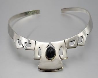 Vintage Black Onyx Neck Collar - 925 Sterling Silver - Estate Jewelry
