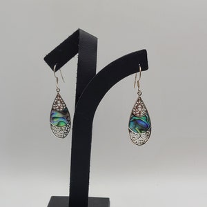 Vintage 925 Silver Abalone Shell Teardrop Earrings, Estate Jewelry, w#368