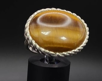 Vintage Polished Tiger's Eye Ring - 925 Sterling Silver - Size 10 - Estate Jewelry