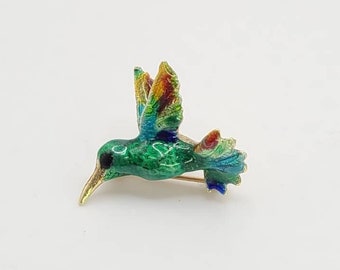 14k Yellow Gold Hummingbird Pin, Whimsical Colorful Bird Brooch, Enameled Bird Pin, Vintage Estate Jewelry, w#1227
