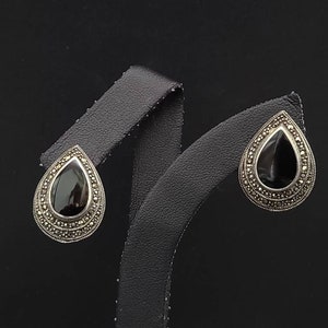 Vintage 925 Sterling Silver Black Onyx and Marcasite Teardrop Earrings, Estate Jewelry, w#2336