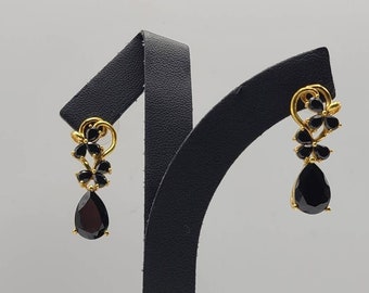Black Crystal Drop Earrings, 925 Silver and Gold Vermeil, Crystal Earrings, Black Earrings, Black and Gold Earrings, Item w#2583