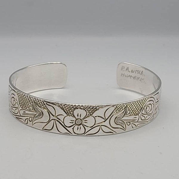 Floral Motif Cuff Bracelet, 925 Silver, Artisan Signed R.A. Wrsla Hum-Birds Cuff Bracelet, Vintage Native American, Estate Jewelry, w#2984
