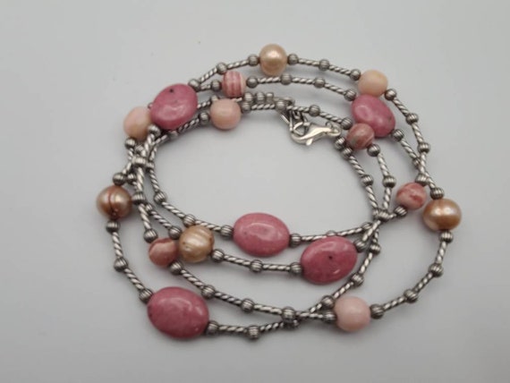 Rhodochrosite, Rhodonite, and Pearl Necklace, 925… - image 5