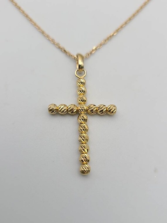 Gold Bead Cross Necklace, 14kt Yellow Gold, Vinta… - image 5