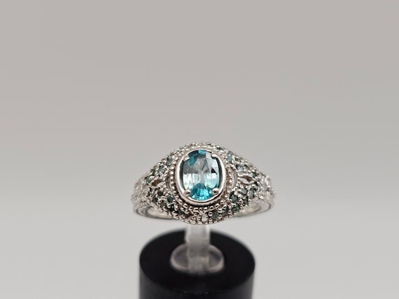 Blue Zircon and Green Diamond Ring, 925 Silver, .… - image 1
