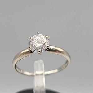 Vintage Cubic Zirconia Solitaire Ring 14k White Gold CZ Travel Faux Engagement April Birthstone Ring, Estate Jewelry, Size 7.25, w#2392