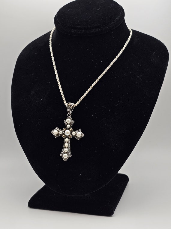 Marcasite and Pearl Cross Necklace in 925 Silver,… - image 2