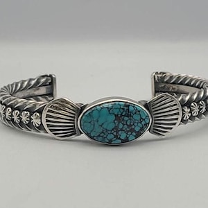 Turquoise Cuff Bracelet in 925 Silver, Navajo Native Americans Jewelry, Artisan Signed Harry Morgan, Vintage Estate Jewelry, Item w#2245