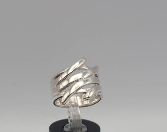 Wide Openwork Bypass Ring, 925 Silver, Modernist Ring, Vintage Estate Jewelry, Size 6, w#1599