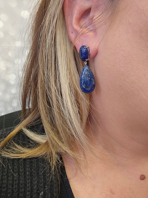 Lapis Lazuli Teardrop Earrings, 925 Silver, Lapis… - image 2