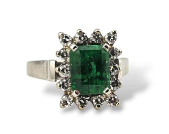 Vintage Emerald and Diamond Ring 14k White Gold – Size 6 - Appraised - Estate Jewelry