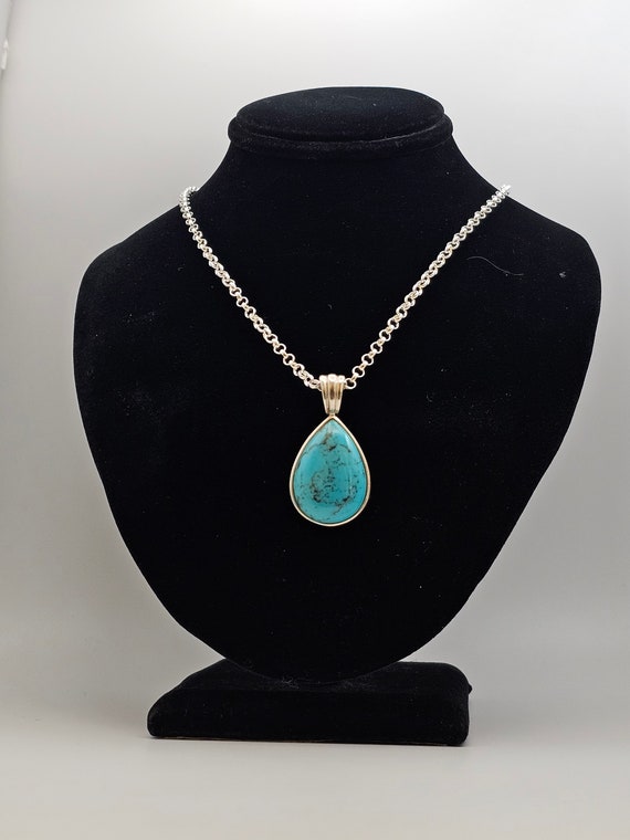 Turquoise Teardrop Pendant Necklace, 925 Silver, … - image 1