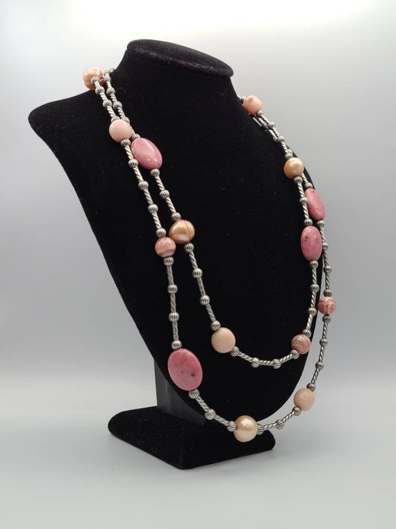 Rhodochrosite, Rhodonite, and Pearl Necklace, 925… - image 2