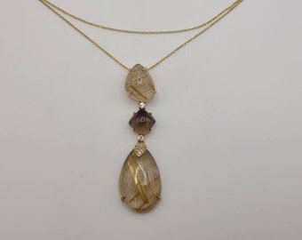 Smoky Quartz and Rutilated Quartz Drop Necklace, 925 Silver Gold Vermeil Rutilated Quartz Necklace, Smoky Quartz Necklace, Item w#3356