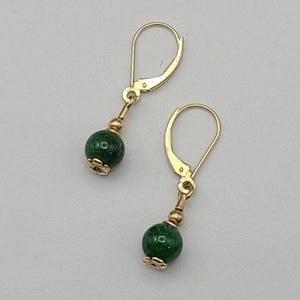 Vintage 14k Yellow Gold Malachite Bead Drop Earrings, Estate Jewelry Gift for Her, w#2644