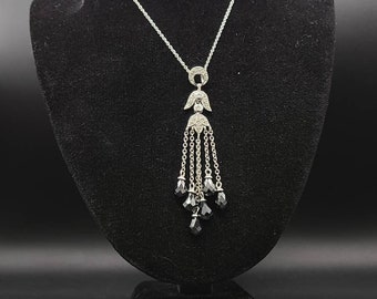 White Topaz and Hematite Tassel Necklace, 925 Silver, Edwardian Necklace, Vintage Estate Jewelry, w#1076