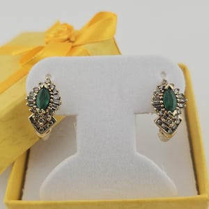 Vintage Emerald Diamond J Hoop Earrings 10k Yellow Gold 0.48 CTW Emerald Gemstone Earrings, May Birthstone, Appraised Estate Jewelry, w#2720