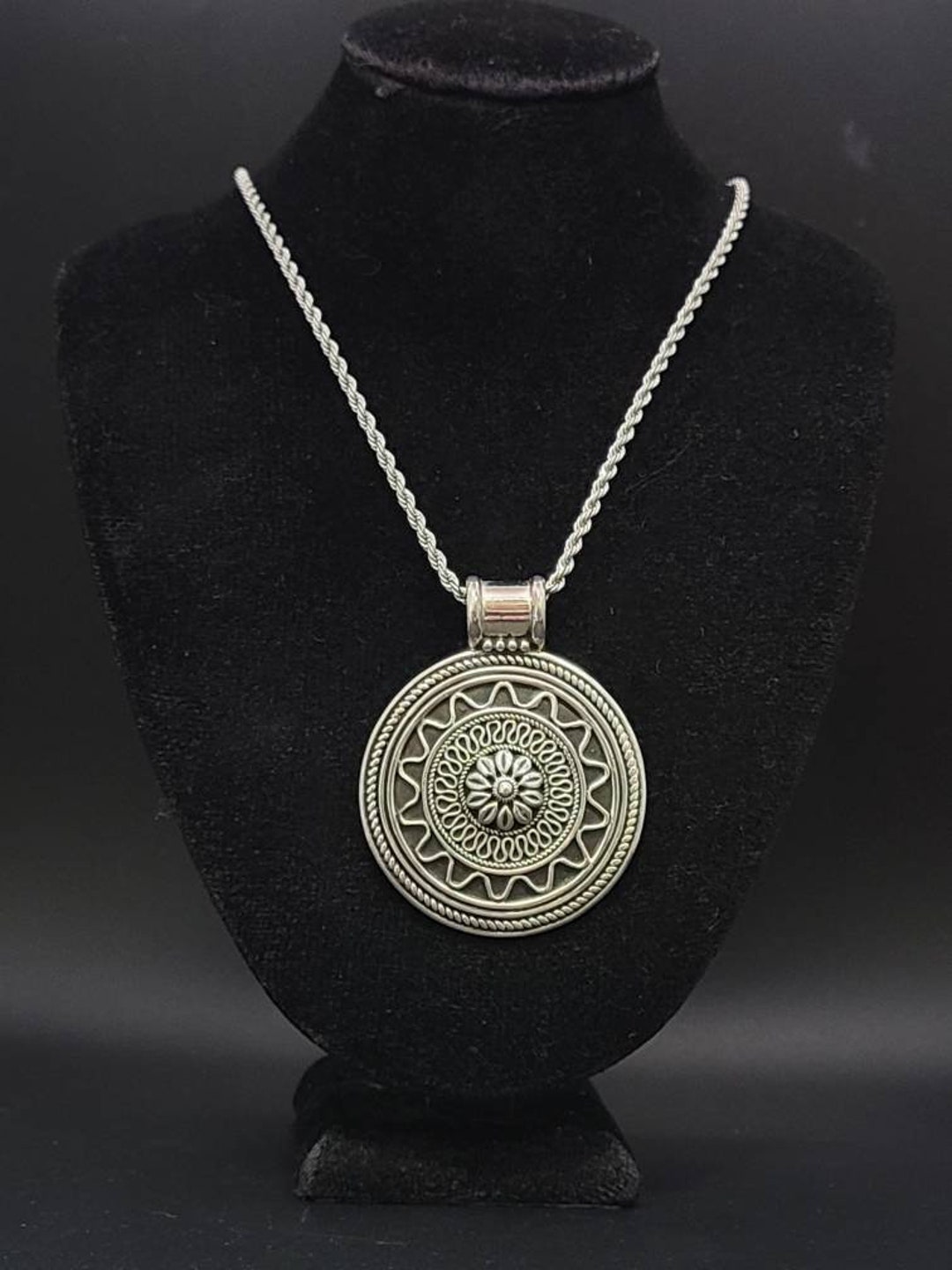 Ornate Bali Medallion Necklace, 925 Silver Bali Design Necklace, Bali Silver Necklace, Vintage ...