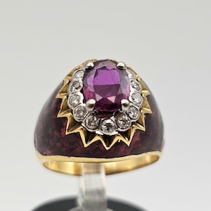 Vintage 18k Yellow Gold Enameled Ruby Diamond Halo Ring, 0.83ct. Ruby July Birthstone Ring, Size 5.75, Estate Jewelry, Appraised, w#1317