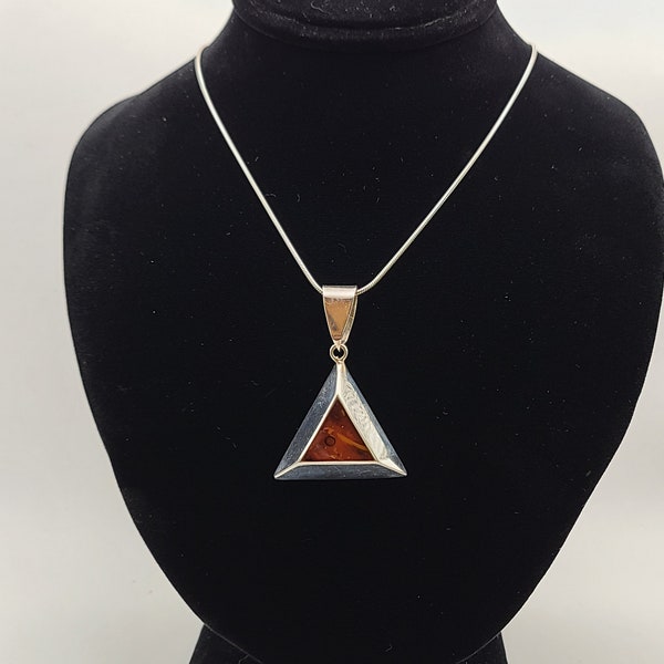 Natural Resin Pyramid Pendant Necklace, 925 Silver, Orange Resin Triangle Necklace, Modernist Geometric Necklace, Item w#3405