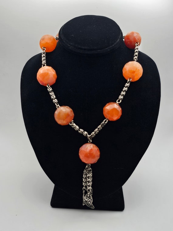 Agate Tassel Necklace, .875 Silver, Agate Beaded … - image 1