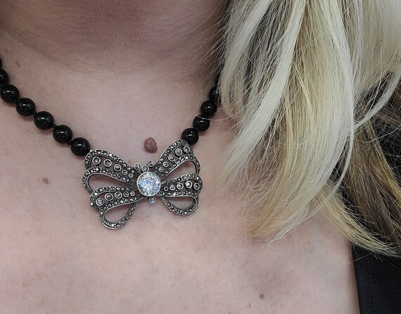 Marcasite Bow Necklace, Sterling Silver CZ Neckla… - image 2