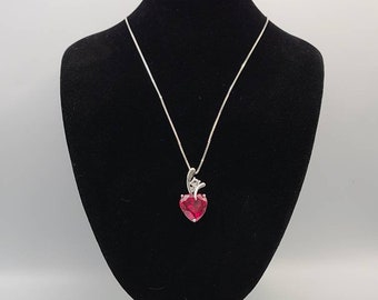 Synthetic Red Heart Necklace, 925 Silver Heart Necklace, OTC International Jewelry, Vintage Estate Jewelry, Item w#1645