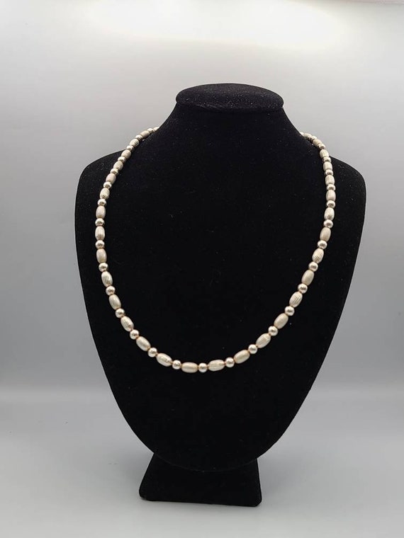 Silver Textured Bead Necklace, 925 Silver Beaded … - image 1
